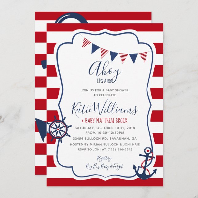 Nautical Anchor Red White Blue Boy Baby Invitation (Front/Back)