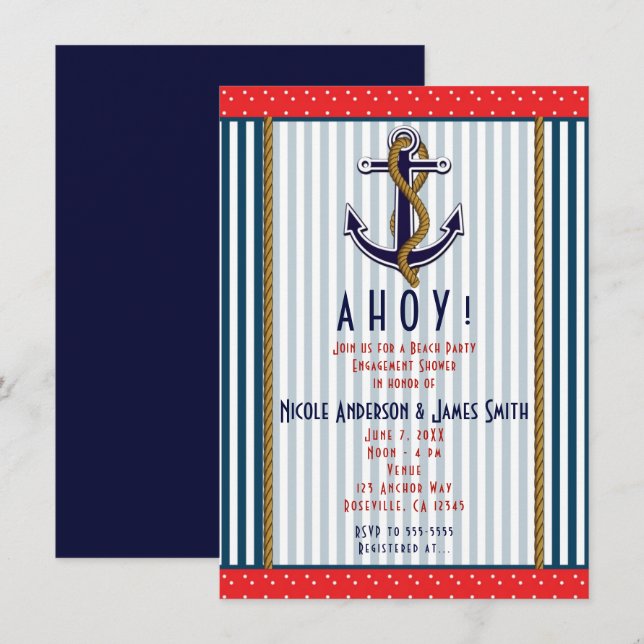 Nautical Anchor Red White Blue Stripes & Dots Invitation (Front/Back)