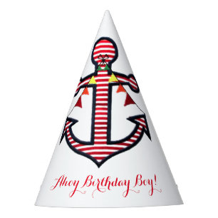 Nautical Anchor Red & White Stripes Ahoy Birthday Party Hat