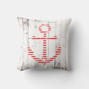 Nautical Anchor Red White Wood Rustic Coastal Cushion