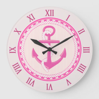 Nautical Anchor Roman Numerals Pink Wall Clock