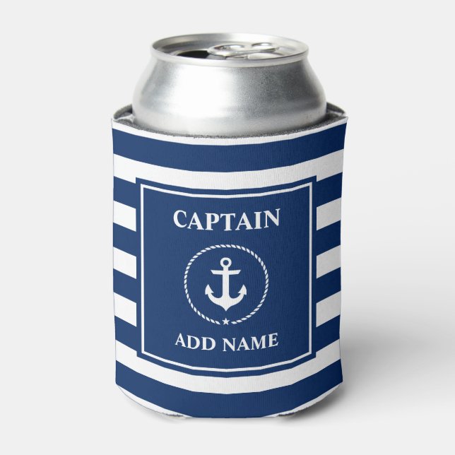 Nautical Anchor Rope Blue Striped Captain Name Can Cooler (Can Front)