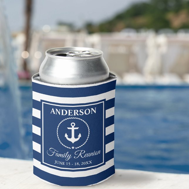 Nautical Anchor Rope Blue Striped Family Reunion Can Cooler (Customize to change text size or text style.)