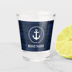 Nautical Anchor Rope Boat Name Blue Wood Shot Glass