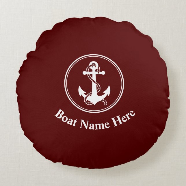 Nautical Anchor Rope Boat Name Deep Red Round Cushion (Front)