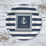 Nautical Anchor Rope Boat Name Navy Blue Striped Paper Plate<br><div class="desc">A nautical design featuring an anchor and rope,  stylish navy blue and white stripes and personalised with your boat name. Designed by Thisisnotme©</div>