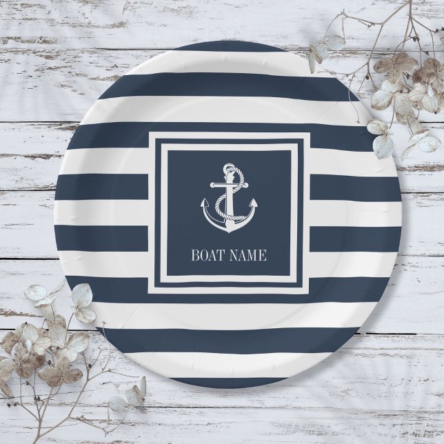 Nautical Anchor Rope Boat Name Navy Blue Striped Paper Plate (Nautical Anchor Rope Boat Name Navy Blue Striped Paper Plates)