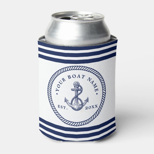Nautical Anchor & Rope Boat Name Navy Blue & White Can Cooler (Can Front)