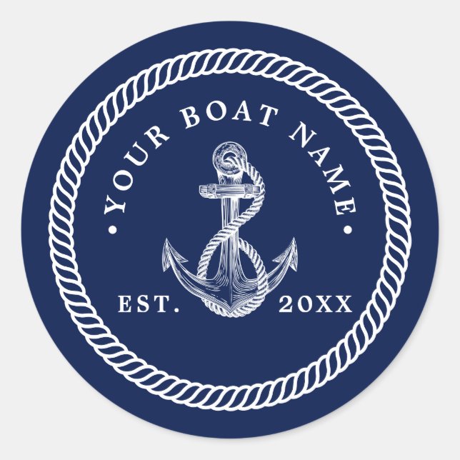 Nautical Anchor & Rope Boat Name Navy Blue & White Classic Round Sticker (Front)