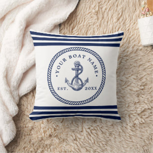 Nautical Anchor & Rope Boat Name Navy Blue & White Cushion