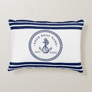Nautical Anchor & Rope Boat Name Navy Blue & White Decorative Cushion