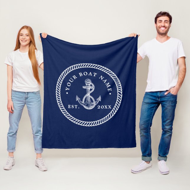 Nautical Anchor & Rope Boat Name Navy Blue & White Fleece Blanket (In Situ)
