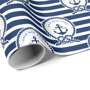 Nautical Anchor & Rope Boat Name Navy Blue & White Wrapping Paper