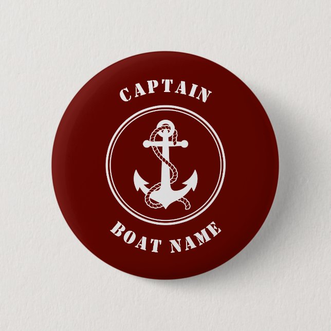 Nautical Anchor Rope Captain Boat Name Deep Red 6 Cm Round Badge (Front)