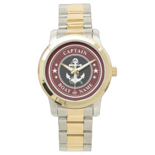 Nautical Anchor & Rope Captain Boat Name Navy Red Watch
