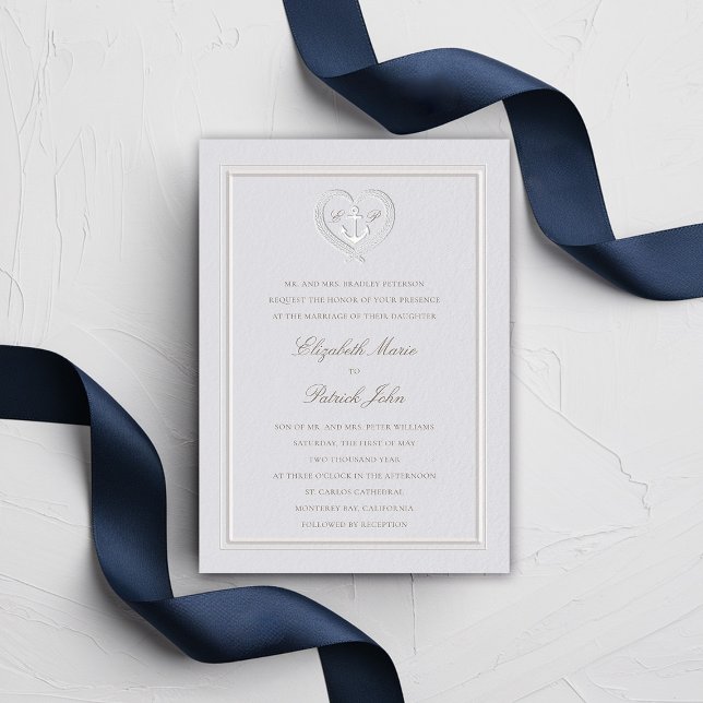 Nautical Anchor Rope Crest Classic Formal Wedding Invitation (nautical wedding invitation classic formal traditional frame faux embossed anchor crest monograms)