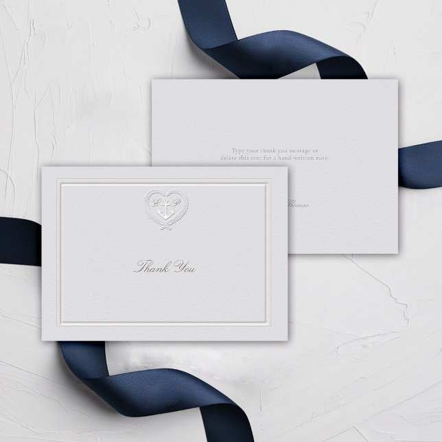 Nautical Anchor Rope Crest Coastal Formal Wedding Thank You Card (nautical wedding thank you classic formal traditional frame faux embossed anchor crest monograms)