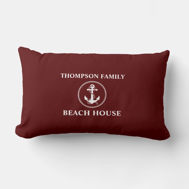 Nautical Anchor Rope Family Name Beach House Red Lumbar Cushion (Front)