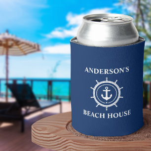 Nautical Anchor Rope Helm Navy Blue Beach House Can Cooler
