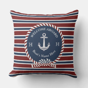 Nautical Anchor Rope Maroon Red Welcome Aboard Cushion