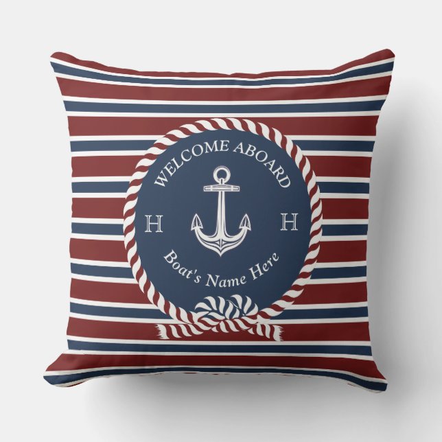 Nautical  Anchor Rope Maroon Red Welcome Aboard Cushion (Front)