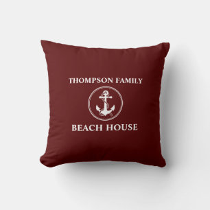 Nautical Anchor Rope Name Beach House Deep Red Cushion