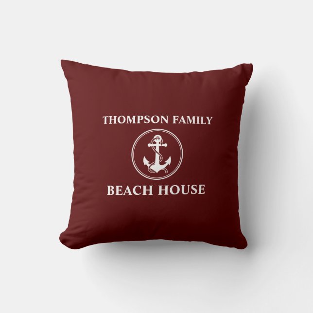 Nautical Anchor Rope Name Beach House Deep Red Cushion (Front)