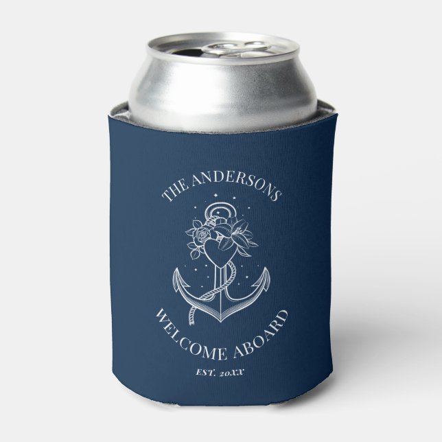 Nautical Anchor Rope Navy Blue Family Name  Can Cooler (Can Front)