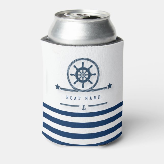 Nautical,Anchor,Rope Navy Blue Stripes  Can Cooler (Can Back)