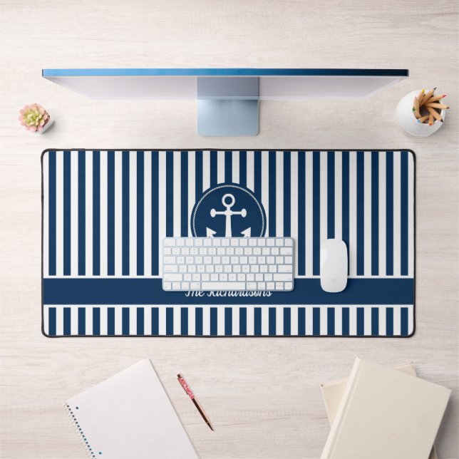 Nautical Anchor Rope Navy Blue Stripes Custom Desk Mat (Office 1)