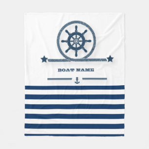 Nautical,Anchor,Rope Navy Blue Stripes Fleece Blanket