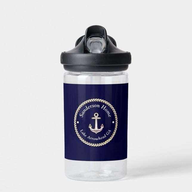 Nautical Anchor Rope Navy Blue White Monogram Name Water Bottle (Front)