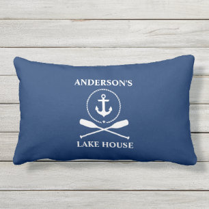Nautical Anchor Rope Oars Navy Blue Lake House Lumbar Cushion