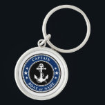 Nautical Anchor Rope & Stars Captain or Boat Name Key Ring<br><div class="desc">A Custom Nautical Anchor & Rope with Your Personalized Captain Name or Boat Name,  Navy Blue Black and White keychain.</div>
