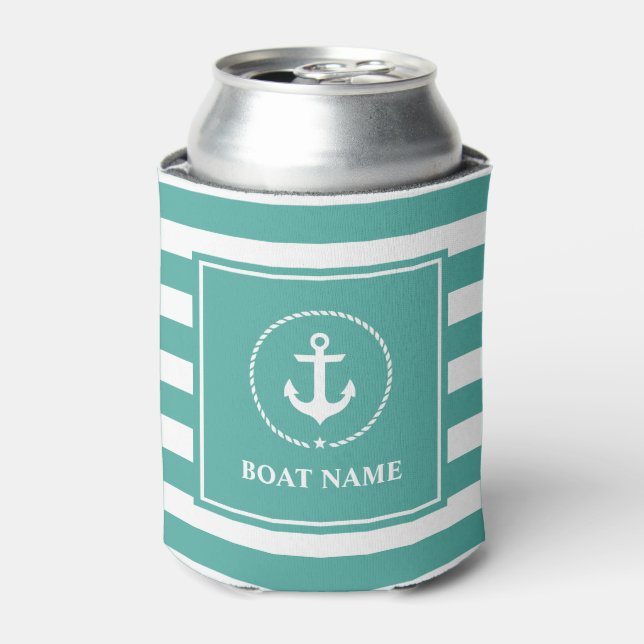 Nautical Anchor Rope Striped Boat Name Can Cooler (Can Front)