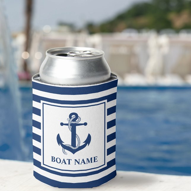 Nautical Anchor Rope Striped Boat Name Can Cooler (Customize to change text size or text color.)