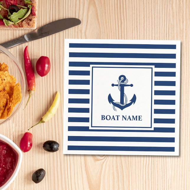 Nautical Anchor Rope Striped Boat Name Napkin (Customize to change text size or text style. )