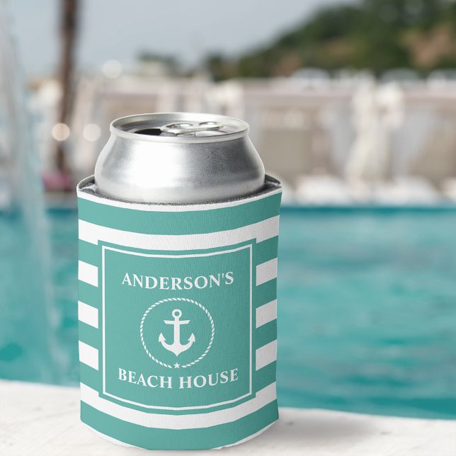 Nautical Anchor Rope Striped Welcome Boat Name Can Cooler (Customize to change text size or text style.)