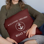 Nautical Anchor Rope Welcome Aboard Deep Red Cushion<br><div class="desc">Your Boat Name Welcome Aboard Rope & Nautical Anchor on a Deep Red Throw Pillow Cushion.</div>