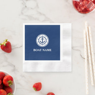 Nautical Anchor Rope Wheel  Navy Blue Boat Name Napkin