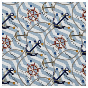 Nautical anchor rudder blue white stripe zigzag fabric