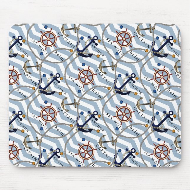 Nautical anchor rudder blue white stripe zigzag mouse pad (Front)
