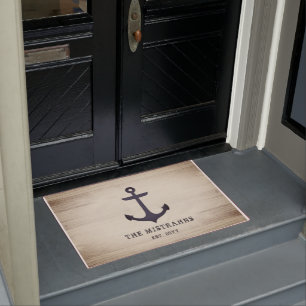 Nautical Anchor Rustic Grey Wood Custom Name Doormat