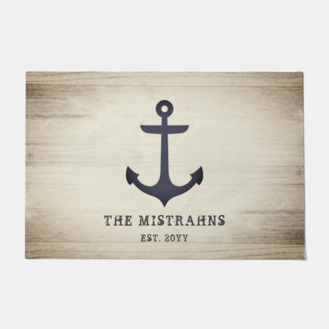 Nautical Anchor Rustic Grey Wood Custom Name Doormat (Front)