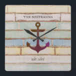 Nautical Anchor Rustic Wood Boat Name Family Square Wall Clock<br><div class="desc">This nautical weathered design features a vintage anchor on a multi-colour wood plank background with space for your own personal text! Click the customise button for more flexibility in modifying/adding text and design elements! Variations of this design as well as coordinating products are available in our shop, zazzle.com/store/doodlelulu. Contact us...</div>