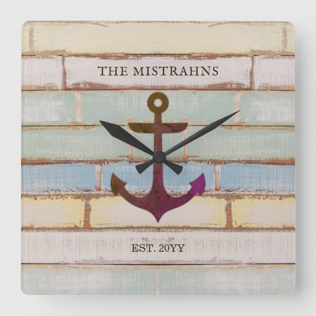 Nautical Anchor Rustic Wood Boat Name Family Square Wall Clock (Front)