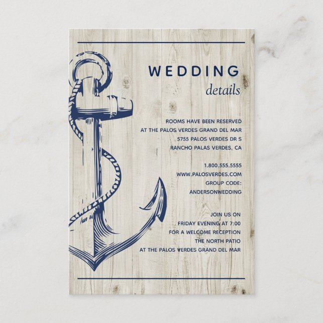 Nautical Anchor Rustic Wood Wedding Detail Enclosure Card (Front)