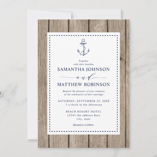 Nautical Anchor Rustic Wood Wedding Invitation (Front)
