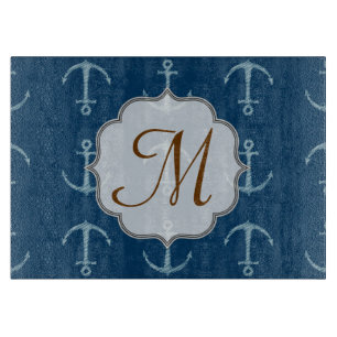 Nautical Anchor Sail Monogram Glass Cutting Board