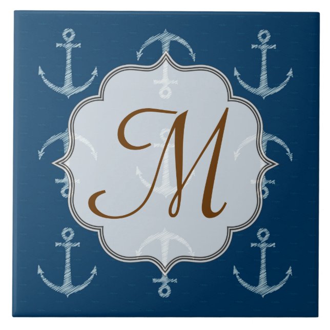Nautical Anchor Sail Sailing Monogram Display Tile (Front)